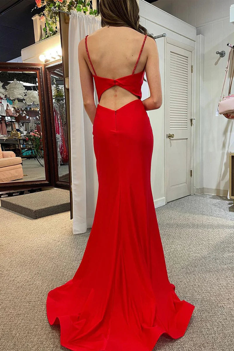 Mermaid Straps Cute Red Satin Long Prom Dresses with Slit